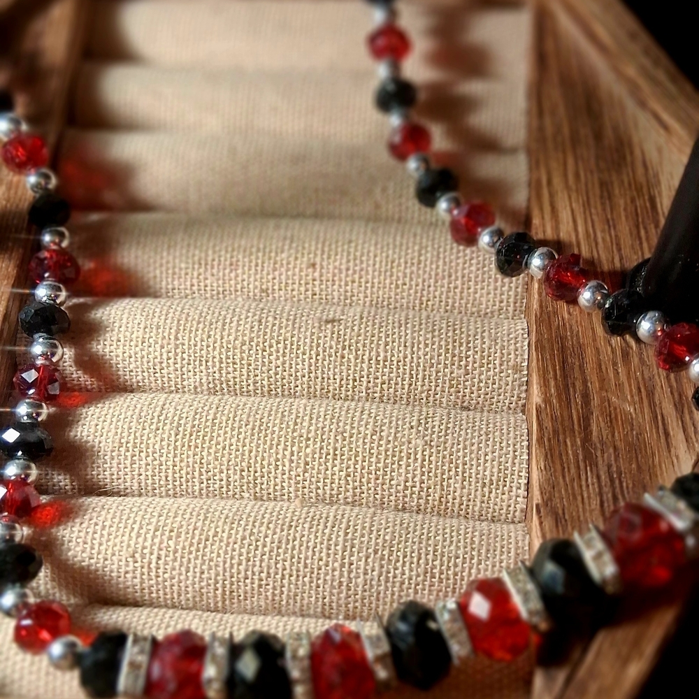 Red and Black Faceted Bead Necklace with Silver Accents